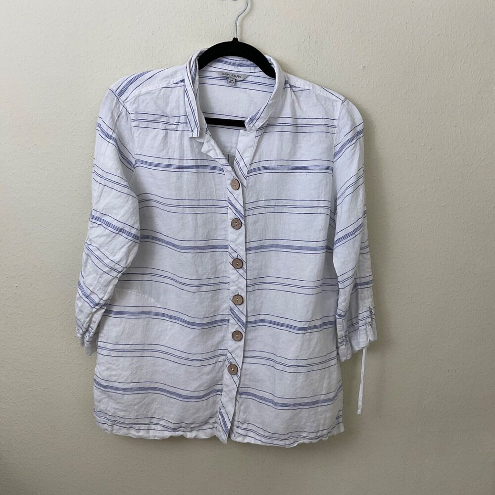 John Mark Linen Blouse Top Shacket Women's Size Med. Striped blue shirt
